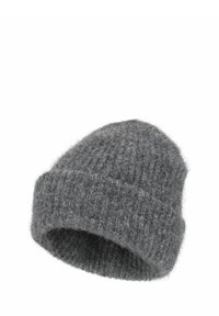 Soft, thick knitted dark gray beanie hat with a folded brim, shown against a white background.