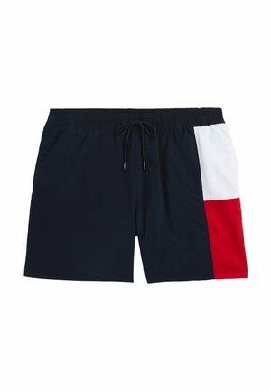 Shorts de bain pour hommes, bleu marine avec taille élastique, cordon de serrage et design coloré avec du rouge et du blanc sur le côté droit.