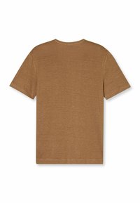 T-shirt marrone a maniche corte con colletto rotondo, realizzato in tessuto morbido, caratterizzato da una texture liscia e un design semplice e privo di decorazioni.