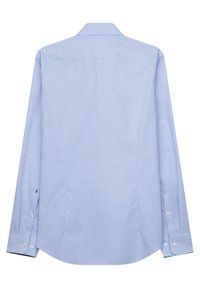 Chemise habillée à manches longues bleu clair avec un motif à carreaux, poignets à boutons et un col classique. Tissu doux avec une coupe ajustée.