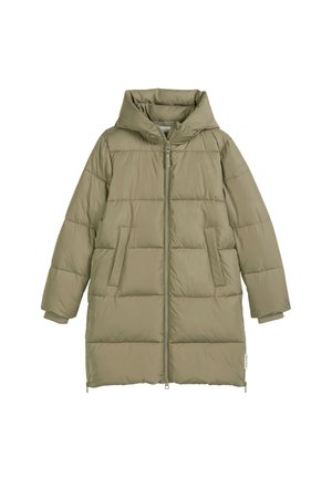 Olive green puffer coat with a hood, full zip, and two front pockets. Features quilted pattern and a mid-length design. Soft, smooth texture.
