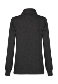 Dunkelgrauer Pullover mit Kragen, langen Ärmeln und gerippten Bündchen sowie Saum. Hergestellt aus weichem, strukturiertem Stoff und mit einem schlichten Design.