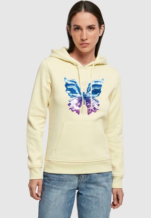 Un sweat à capuche jaune avec un grand graphique de papillon bleu et violet à l'avant, doté d'une poche kangourou et d'une capuche à cordon de serrage ajustable.