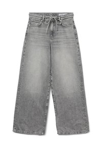 Bredde ben grå denimbukser med en falmet finish, snøring i livet og tradisjonell fem-lommers design, med synlige stikninger.