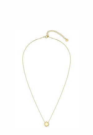 Collar chapado en oro con una cadena fina y un colgante en forma de sol con una textura suave. Incluye un cierre ajustable con un pequeño adorno.