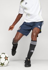 Camiseta blanca de Adidas con detalles en verde, pantalones cortos marinos con un logo, calcetines negros con rayas blancas y botas negras cerca de un balón de fútbol con un diseño.