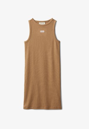 Robe beige sans manches en maille côtelée avec encolure ronde, écusson du logo Calvin Klein centré sur la poitrine.