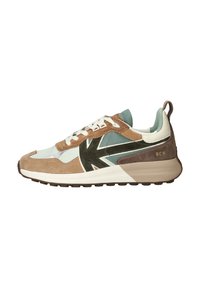Sneaker multicolore con materiali in suede e rete di blu chiaro, beige e marrone. Caratterizzato da un design contrastante e accenti testurizzati.