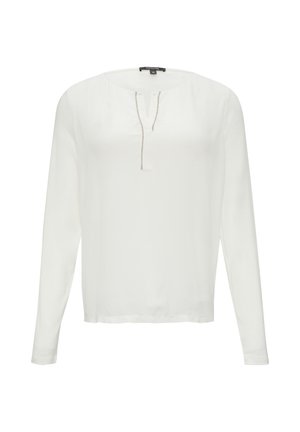 Langärmlige weiße Bluse aus leichtem Stoff. Verfügt über einen runden Ausschnitt mit einer teilweisen Knopfleiste und dezenten Nahtdetails entlang des Ausschnitts.