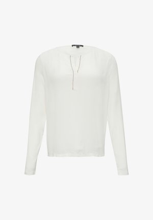 Langärmlige weiße Bluse aus leichtem Stoff. Verfügt über einen runden Ausschnitt mit einer teilweisen Knopfleiste und dezenten Nahtdetails entlang des Ausschnitts.