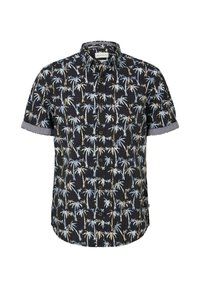 Koszula z krótkim rękawem w czarnym kolorze z wzorem palm w jasnoniebieskim i beżowym. Posiada zapięcie na guziki z przodu oraz podwinięte rękawy.