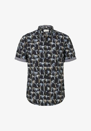 Koszula z krótkim rękawem w czarnym kolorze z wzorem palm w jasnoniebieskim i beżowym. Posiada zapięcie na guziki z przodu oraz podwinięte rękawy.