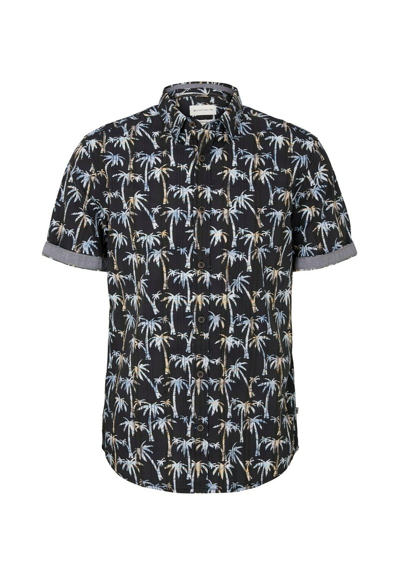 Koszula z krótkim rękawem w czarnym kolorze z wzorem palm w jasnoniebieskim i beżowym. Posiada zapięcie na guziki z przodu oraz podwinięte rękawy.