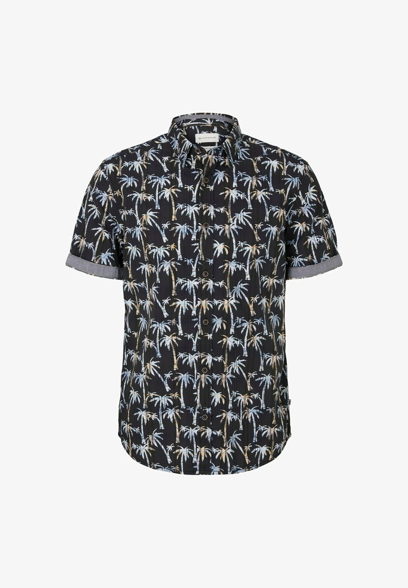 Koszula z krótkim rękawem w czarnym kolorze z wzorem palm w jasnoniebieskim i beżowym. Posiada zapięcie na guziki z przodu oraz podwinięte rękawy.
