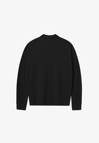 Zwarte longsleeve met kraag, geribbelde textuur en mouwmanchetten, van achteren weergegeven tegen een witte achtergrond.