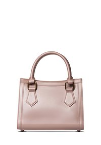 Borsa a tracolla in pelle rosa con design strutturato, manici arrotondati, dettagli in metallo dorato e base piatta per la stabilità.