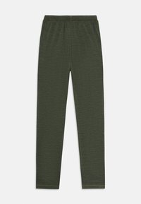 Mörkgröna slim-fit byxor med elastisk midja och sidofickor, uppvisade liggande på en vit bakgrund.