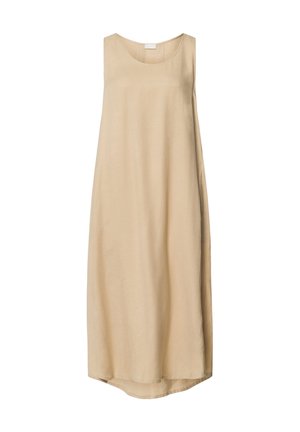 Abito senza maniche di un leggero beige, realizzato in tessuto morbido, con una vestibilità ampia e un collo rotondo. Presenta un orlo leggermente curvato.