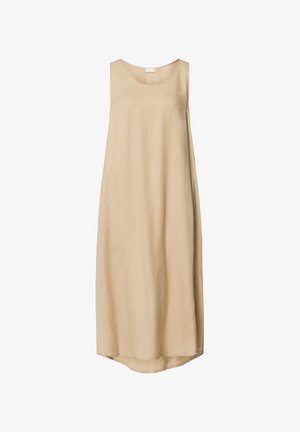 Vestido sin mangas de color beige claro, hecho de una tela suave, con un corte holgado y un escote redondeado. Presenta un dobladillo ligeramente curvado.