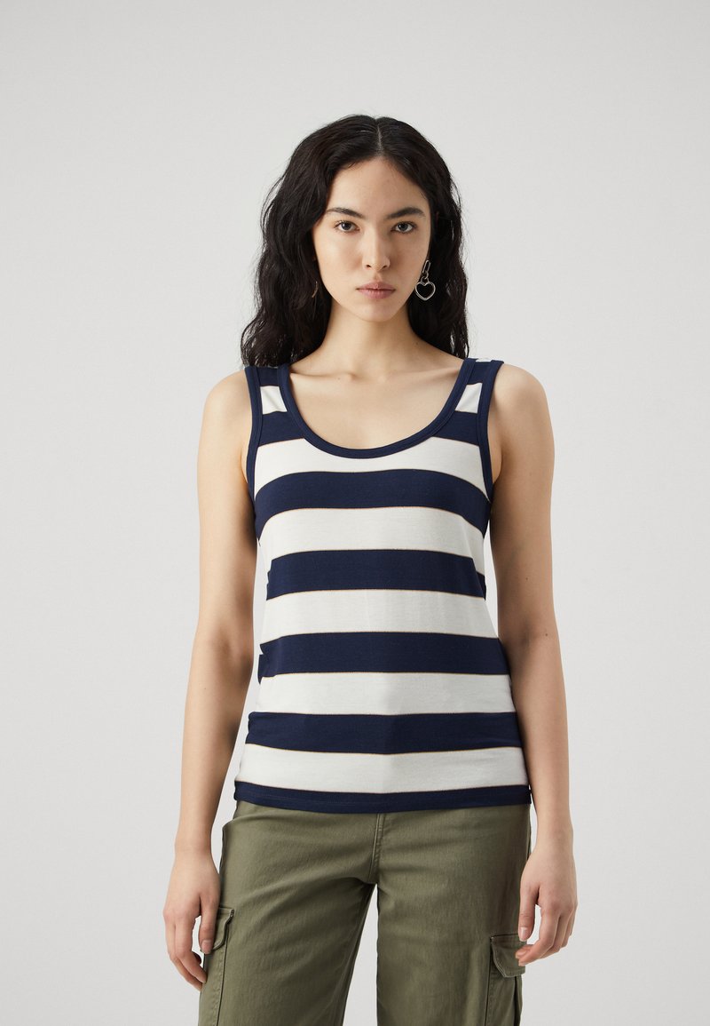 Stripet tanktop i marineblå og krem, med scoop-hals og ermeløs design. Myk bomullsstoff med en tettsittende silhuett.