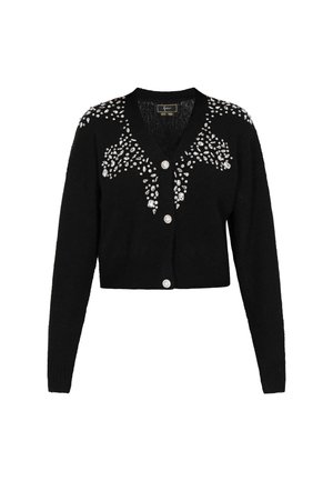 Zwarte cropped cardigan met lange mouwen, parelachtige knopen en gegroepeerde heldere kristalversieringen op de schouders en het bovenste gedeelte van de borst.