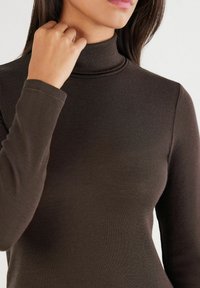 Brauner Langarm-Turtleneck-Oberteil aus weichem, elastischem Material mit nahtlosen Schultern und glatter Textur, das eine figurnahes Design aufweist.