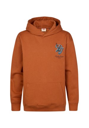 Sweat à capuche couleur rouille avec poche avant et petit logo "Built to Endure" bleu et noir sur le côté gauche de la poitrine.