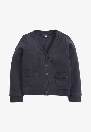 Saha cardigan merin navy yang terbuat dari campuran katun, menampilkan leher V, penutupan kancing, dua saku depan dengan aksen ruffle, dan manset berusuk.