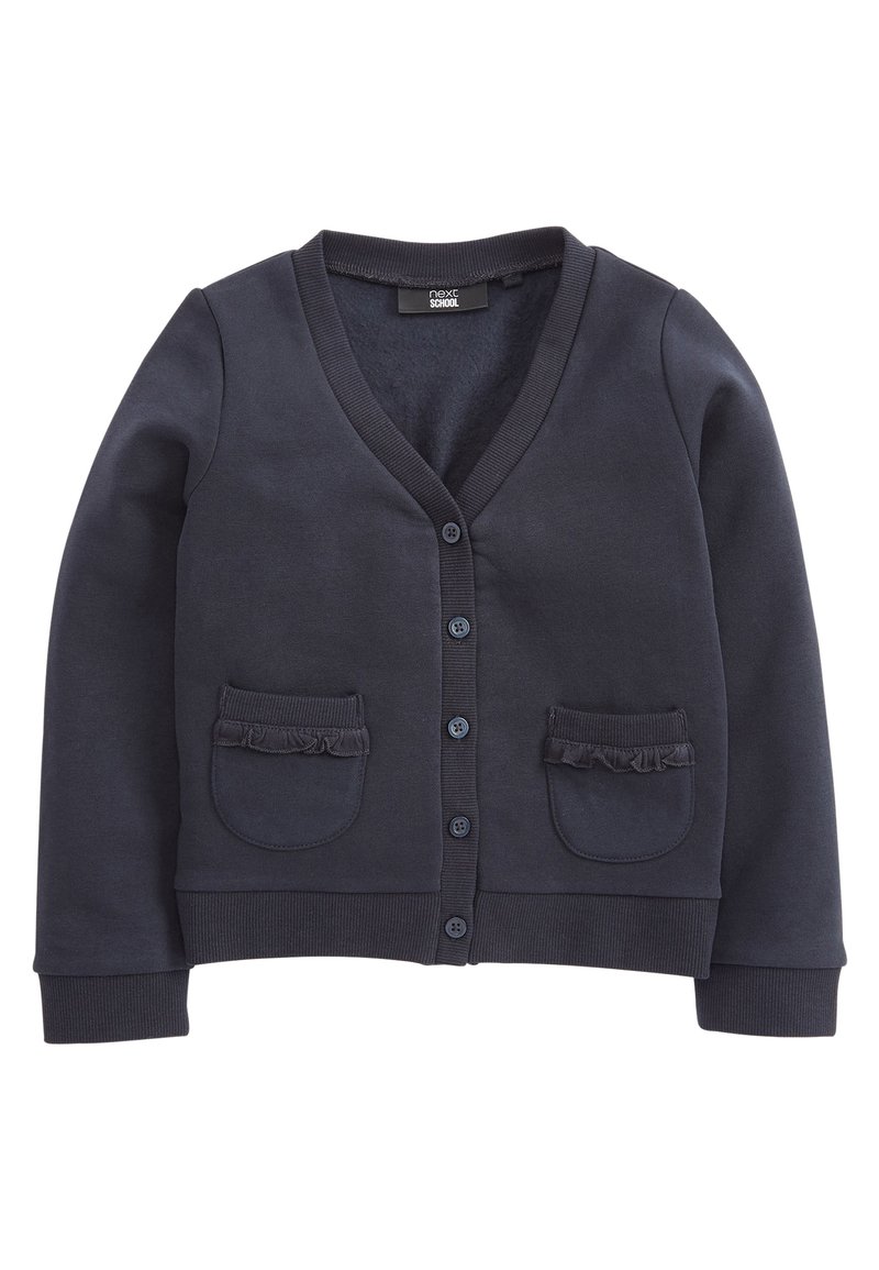 Marinblå cardigan i bomullsblandning med V-hals, knäppning, två framfickor med volangdetaljer och ribbade ärmslut.