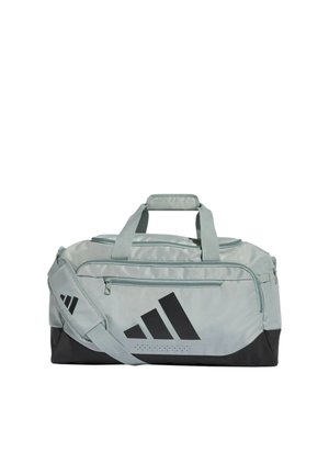 Borsa sportiva Adidas grigio chiaro e nero con manici superiori, tracolla regolabile, tasca frontale con zip e grande logo nero sul pannello frontale.