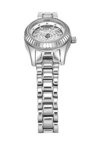 Montre-bracelet en argent avec une lunette texturée, un bracelet métallique et un cadran orné de cristaux. Dotée d'un boîtier rond et de marqueurs d'heure simples.