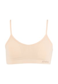 Brassière sans fil beige avec des bretelles fines, texture lisse et détails de couture. Présente un petit logo "ATHENA" sur le côté gauche.