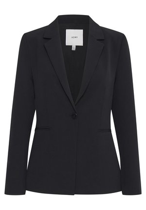 Zwarte blazer met een enkele knoopsluiting, notch-revers en zijzakken. Tailleerfit en gladde, gestructureerde stof. Merklabel zichtbaar.