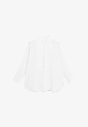 White long-sleeve shirt in soft fabric, featuring a mandarin collar, front button closure, and vertical pleats on the chest panel.