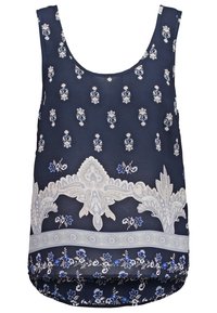 Blouse sans manches bleu marine avec des motifs floraux et ornementaux blancs et bleu clair, encolure ronde et ourlet légèrement arrondi.