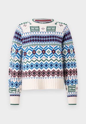 Maglione lavorato a maglia con una base color crema e motivi geometrici multicolori in blu, verde, borgogna e nero. Polsini e orlo a coste.