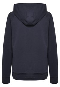 Felpa blu navy con tessuto testurizzato, cappuccio con coulisse e polsini e orlo a coste. Superficie liscia con una vestibilità rilassata.