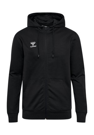 Zwarte rits hoodie van een katoenmix, met een trekkoord capuchon, ribbelmanchetten en twee voorzakken. Hummel-logo op de linkerborst.