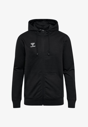 Schwarze Zip-Hoodie aus Baumwollmischung mit verstellbarem Kapuzenzug, gerippten Bündchen und zwei Vorderstaschen. Hummel-Logo auf der linken Brust.