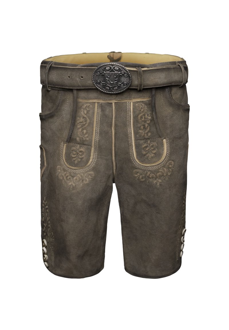 Shorts en cuir marron avec broderies décoratives, ceinture avec boucle métallique et boutons latéraux. Comprend deux poches avant et une finition texturée.