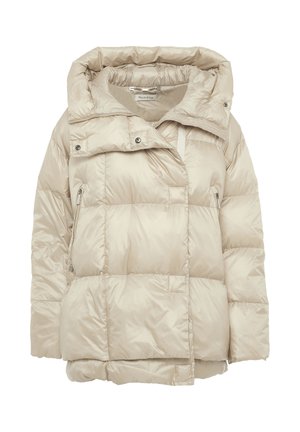 Beige Steppjacke aus glänzendem, gesteppetem Material. Verfügt über eine große, faltbare Kapuze, einen Frontreißverschluss, Seitentaschen und eine lässige Schnittform.