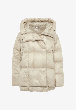 Beige Steppjacke aus glänzendem, gesteppetem Material. Verfügt über eine große, faltbare Kapuze, einen Frontreißverschluss, Seitentaschen und eine lässige Schnittform.