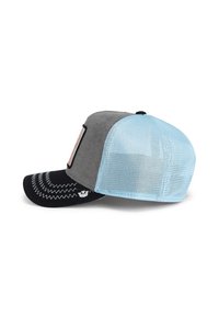 Casquette en tissu gris avec un dos en mesh bleu clair, visière noire, coutures blanches et un logo sur le côté ;  dotée d'une visière incurvée et d'une fermeture ajustable.