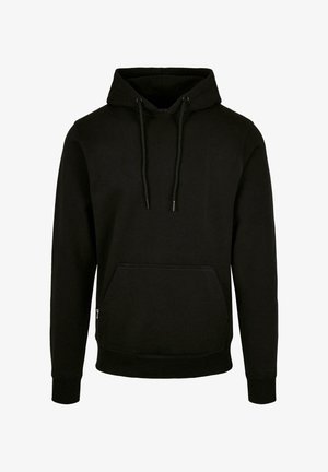 Black hoodie made of soft fabric. Features a front pocket, drawstring hood, and ribbed cuffs. Simple design, no patterns or logos.