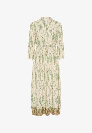 Robe à imprimé floral en crème avec des motifs botaniques verts. Elle possède un col, des manches longues et une ceinture à la taille.