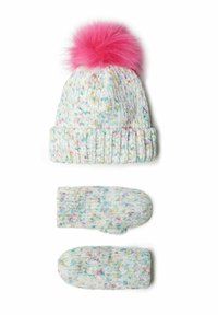 Cappello lavorato a maglia con pon-pon in pelliccia rosa e guanti abbinati. Motivo a pois multicolore predominante in bianco, con polsino a coste sul cappello.