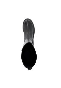 Black leather knee-high boot viewed from the top with a rounded toe and a pull tab on the back shaft.
