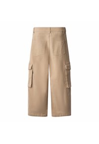 Beige cargo shorts with a loose fit, two side pockets, and two back pockets. Made from durable fabric with a smooth texture.