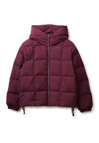 Burgundowa kurtka puchowa z kapturem, z pikowanym wzorem i zamkiem błyskawicznym z przodu. Elastyczne mankiety i dolny brzeg dla regulowanego dopasowania. Lekka tekstura.