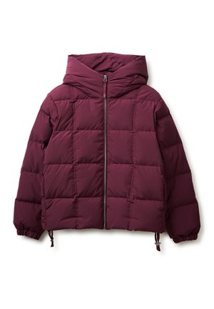 Chaqueta tipo plumas burdeos con capucha, presenta un diseño acolchado y un cierre delantero con cremallera. Puños y dobladillo elásticos para un ajuste personalizable. Textura ligera.